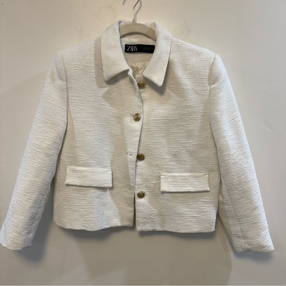 ZARA gold Button white Tweed Blazer Jacket Large - Picture 2 of 9